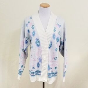 Vintage floral cardigan Nan Dorsey cream pink blue